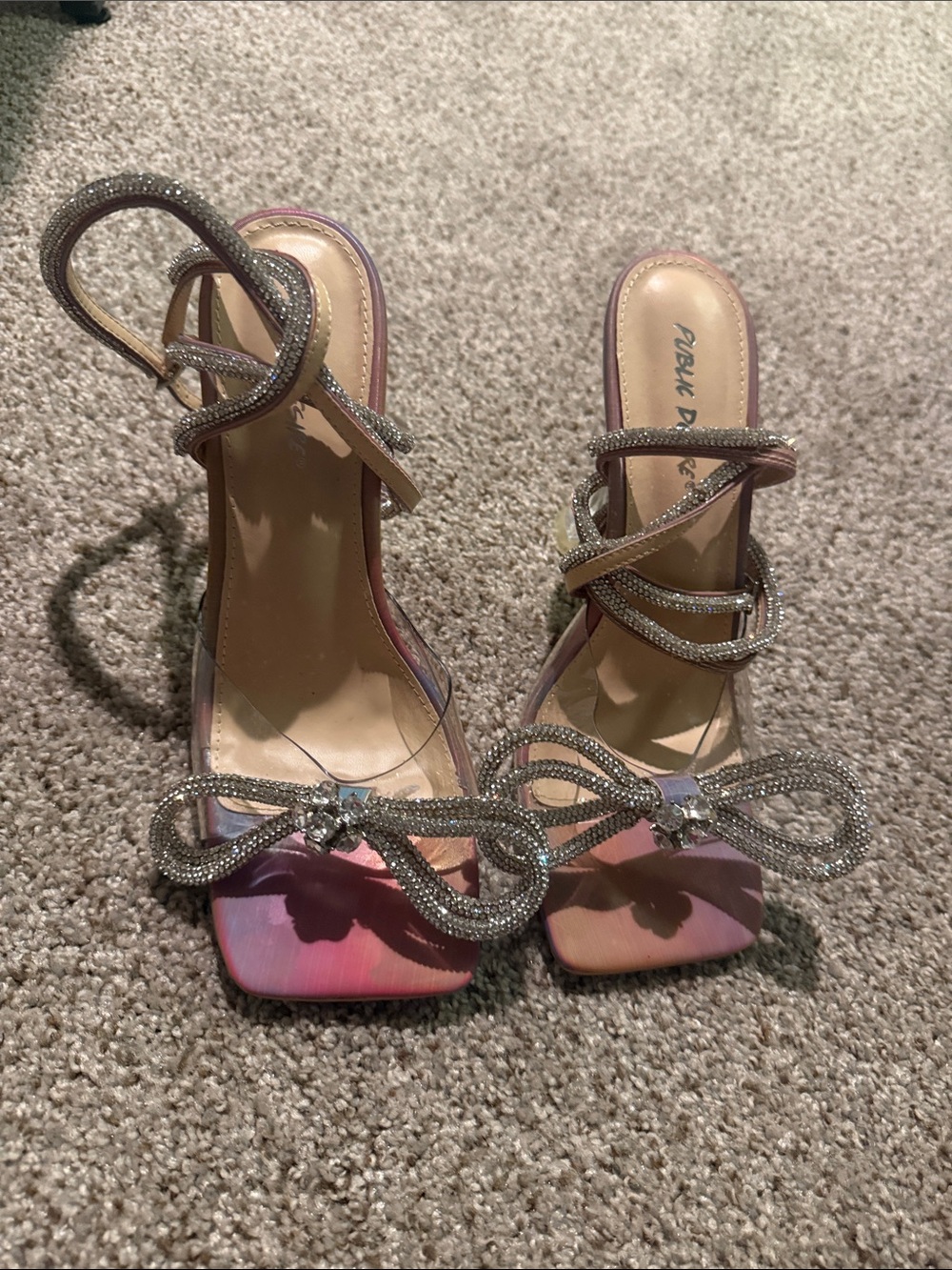 Public Desire Pink Iridescent Bow Strap Heeled Sandals with Crystal Straps